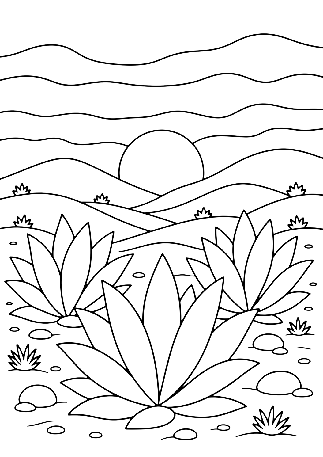 agave plants sunset coloring page with three broad agave plants in the sandy foreground, rounded desert hills behind them, a low round setting sun, broad simple sky bands, smooth stones, and a few tiny shrubs for kids