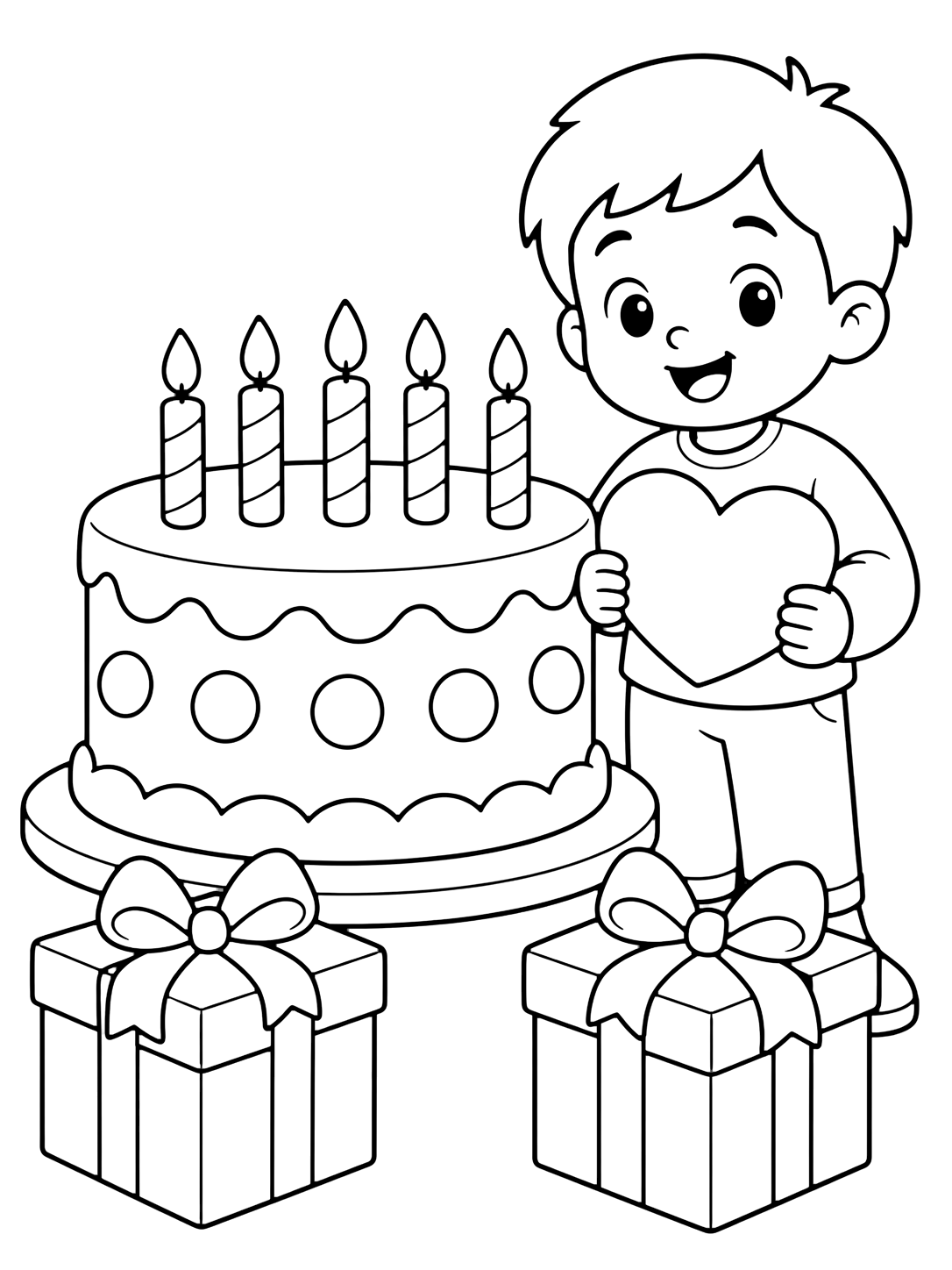 Alles-über-mich-Ausmalbild mit eine große Geburtstagstorte, ein lächelndes Kind mit leerer Herzkarte und zwei einfache Geschenke. Geeignet für Kinder, Schulstart, Ausdrucke und Online-Ausmalen.