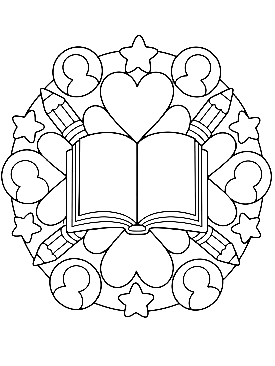 Картинка „Всичко за мен“ с отворена празна книга в центъра на проста мандала с големи сърца, звезди, моливи и празни портретни кръгове. Подходяща за деца, първи учебен ден, принтиране и онлайн оцветяване.