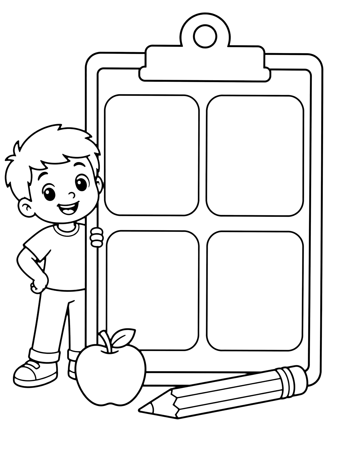 all about me classroom clipboard coloring page with a large blank classroom clipboard with four empty sections, a smiling child, one apple, and pencils at the bottom for kids