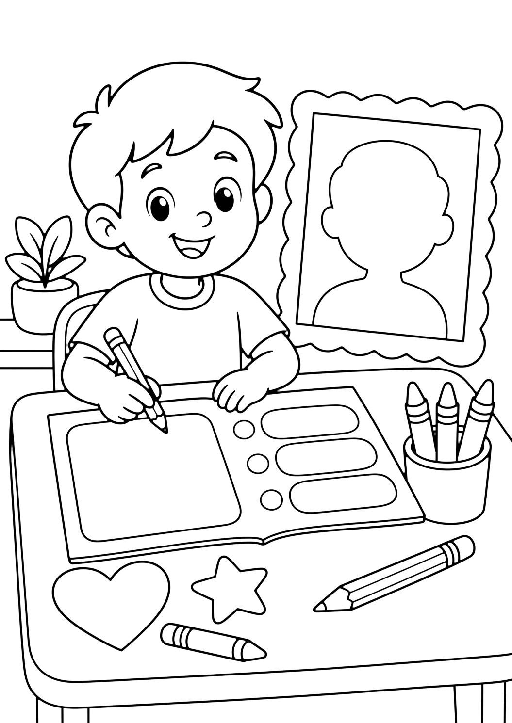 Disegno da colorare con un bambino sorridente al banco con scheda vuota, cornice vuota per autoritratto, pastelli, matita, cuore e stella. Adatto a bambini, scuola, stampa e colorazione online.