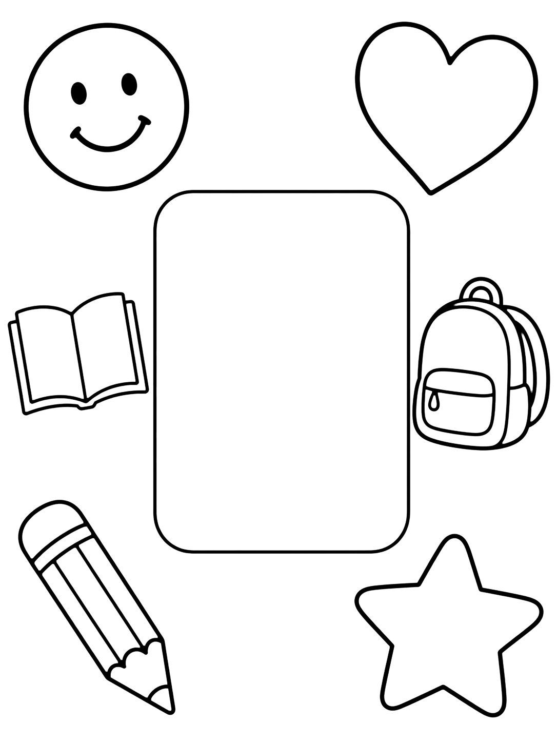 Dibujo de todo sobre mí con una tarjeta redondeada vacía y grandes iconos doodle: cara, corazón, libro, mochila, lápiz y estrella. Ideal para niños, primer día de clase, impresión y coloreado online.