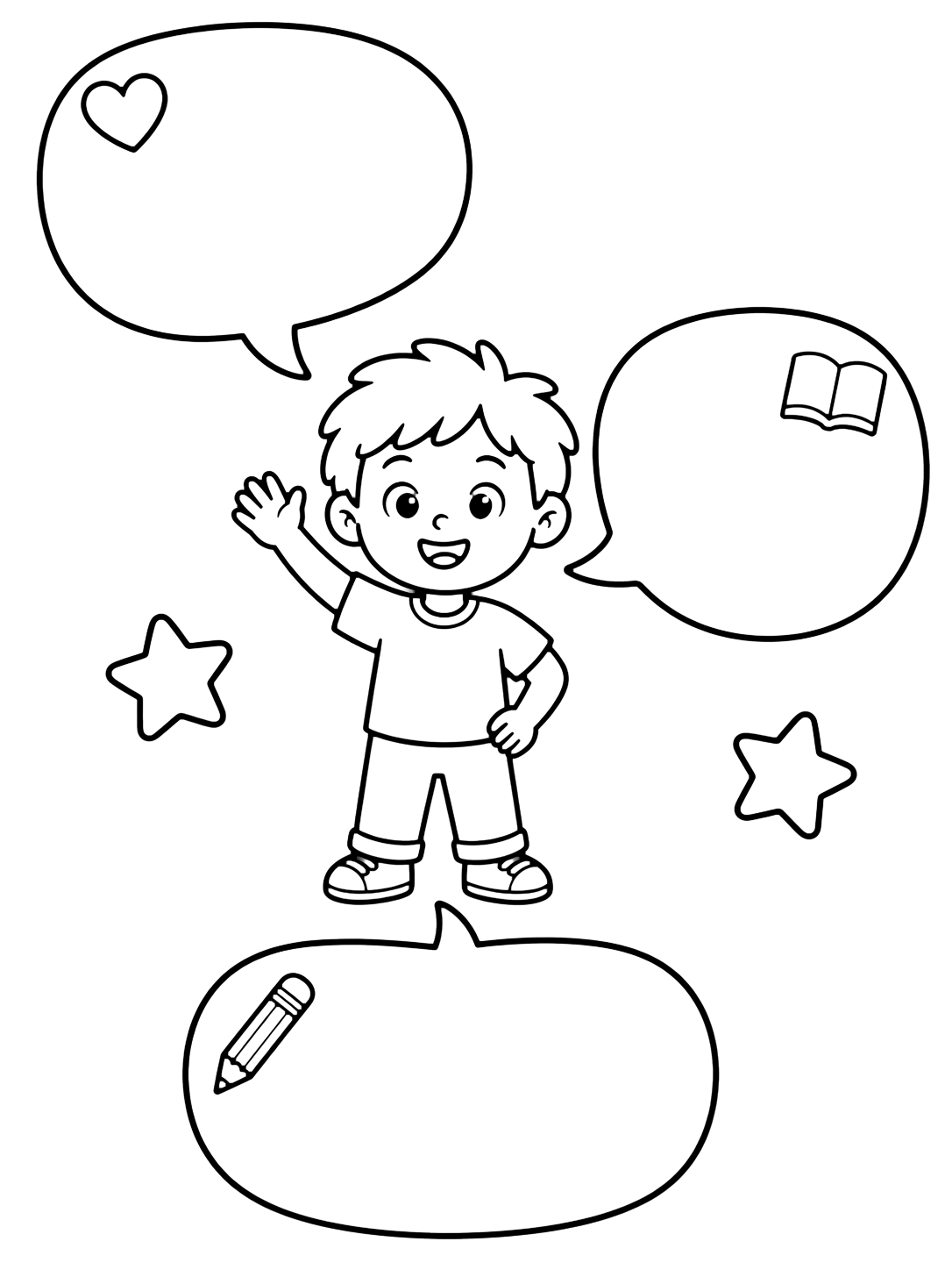 Dibujo de todo sobre mí con un niño feliz con tres grandes burbujas vacías y doodles sencillos de corazón, libro, lápiz y estrella. Ideal para niños, primer día de clase, impresión y coloreado online.