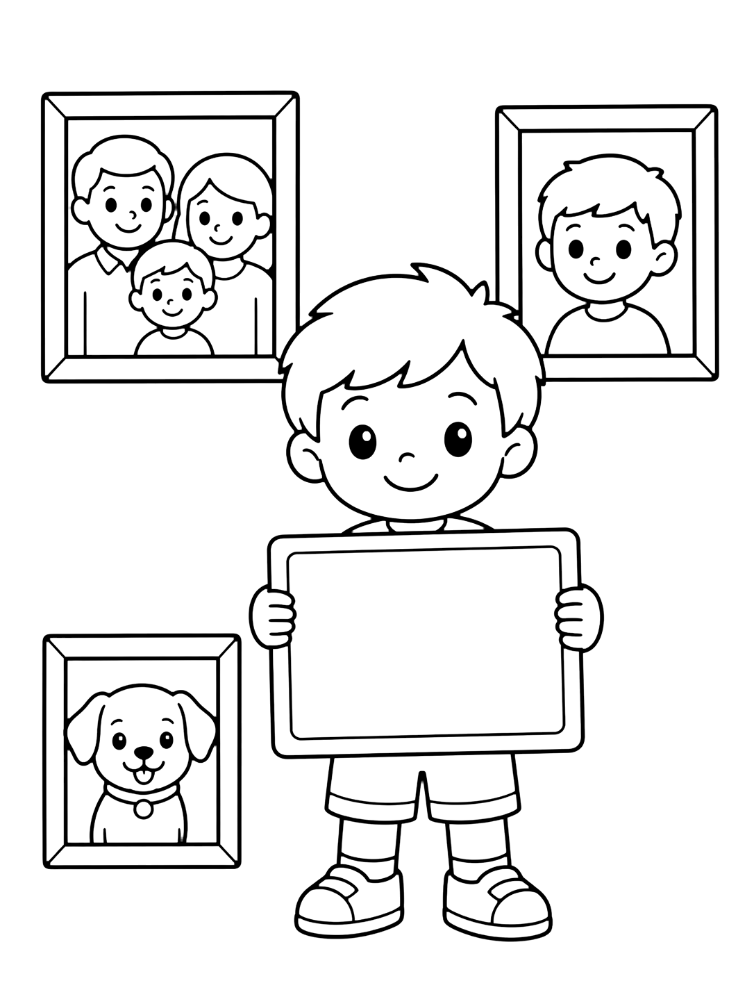 Coloriage tout sur moi avec un enfant avec une carte photo vide et trois cadres simples autour pour la famille, un ami et un animal. Idéal pour enfants, rentrée scolaire, impression et coloriage en ligne.