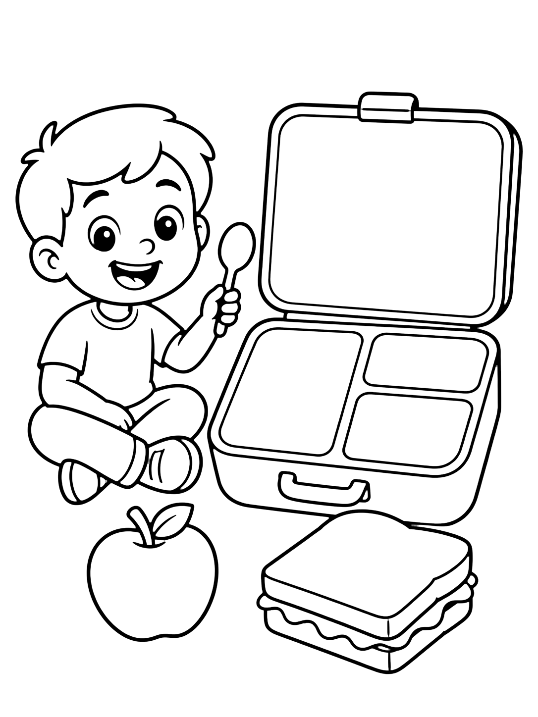 Coloriage tout sur moi avec un enfant souriant près d'une boîte à repas ouverte avec trois grands compartiments vides, une pomme et un sandwich. Idéal pour enfants, rentrée scolaire, impression et coloriage en ligne.