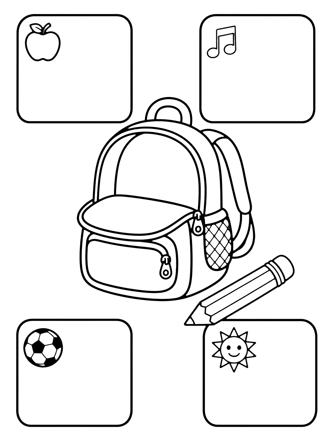 Coloriage tout sur moi avec un joli sac à dos au centre et quatre cartes vides avec pomme, note de musique, ballon et soleil. Idéal pour enfants, rentrée scolaire, impression et coloriage en ligne.