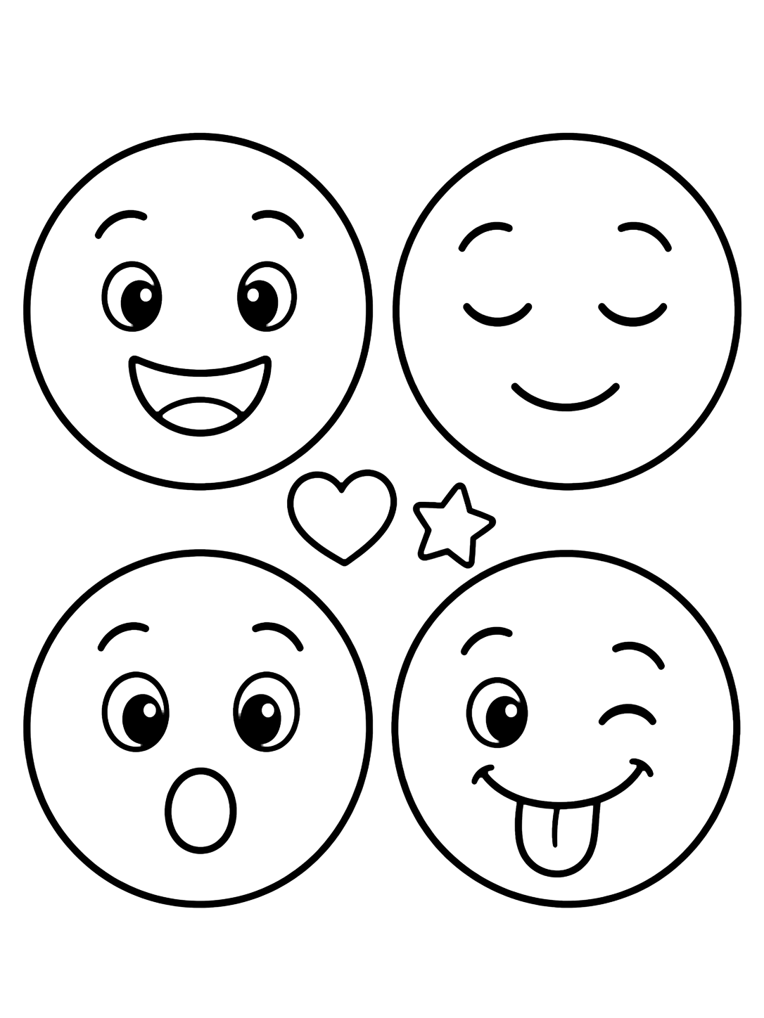 Coloriage tout sur moi avec quatre grands visages ronds avec expressions joyeuse, calme, surprise et drôle, plus un cœur et une étoile. Idéal pour enfants, rentrée scolaire, impression et coloriage en ligne.