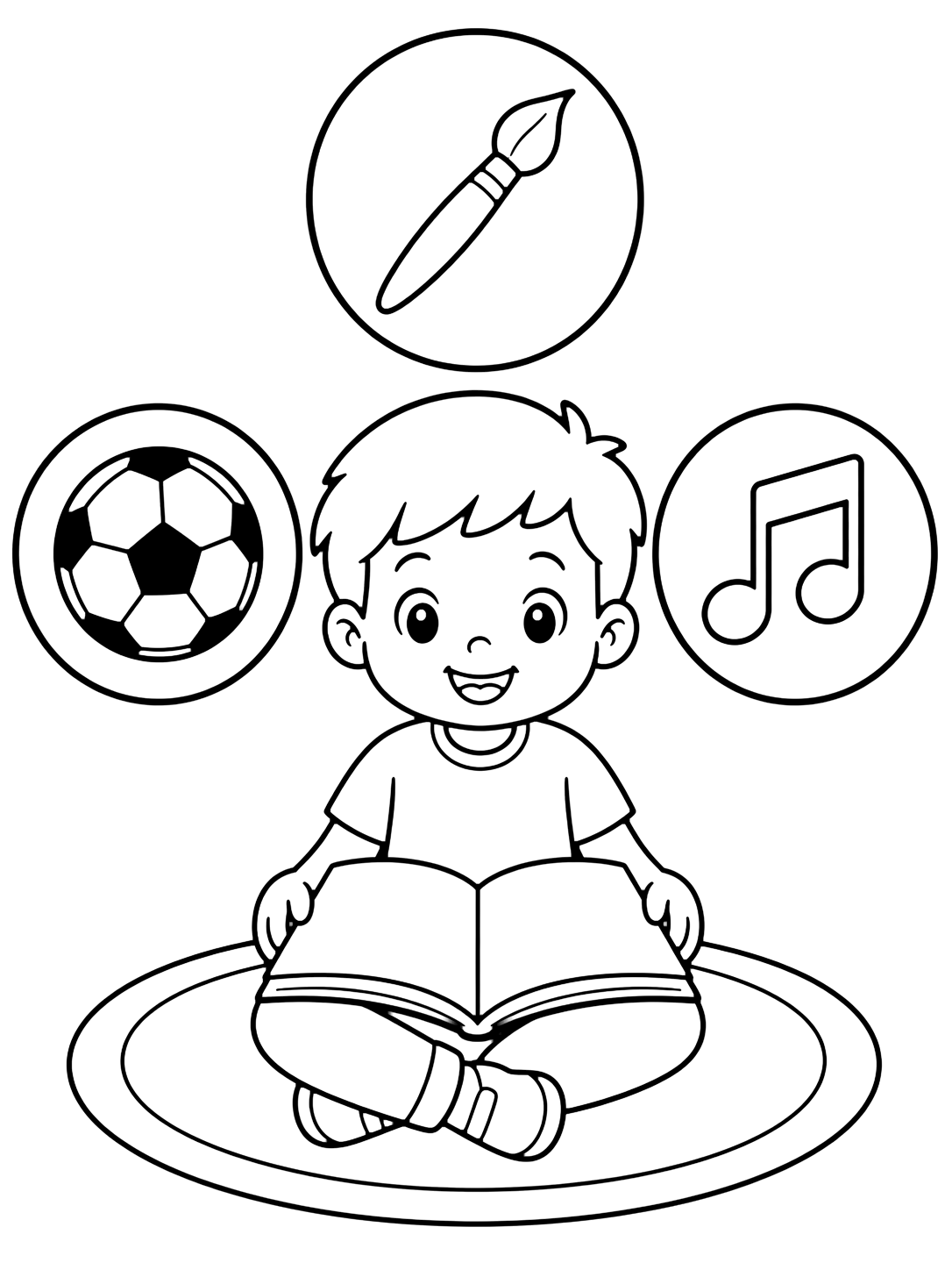 Dibujo de todo sobre mí con un niño lee un libro abierto en blanco sobre una alfombra, con iconos grandes de pintura, fútbol y música. Ideal para niños, primer día de clase, impresión y coloreado online.