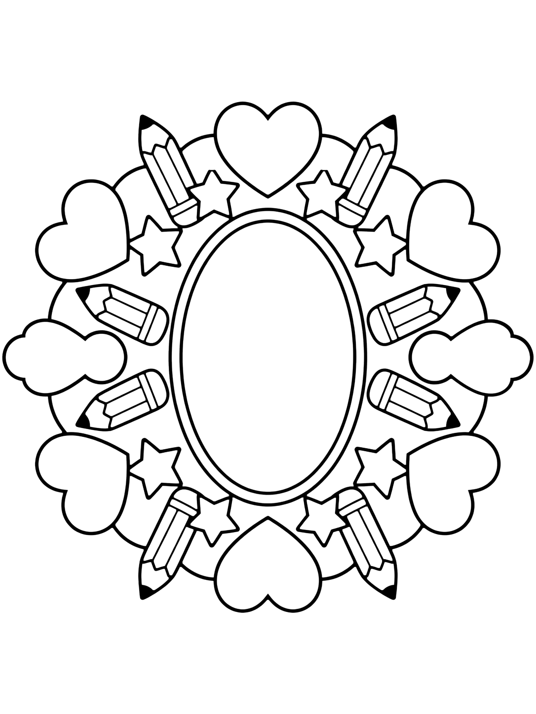 Dibujo de todo sobre mí con un marco vacío de retrato en el centro rodeado por una mandala sencilla de corazones, estrellas y lápices grandes. Ideal para niños, primer día de clase, impresión y coloreado online.