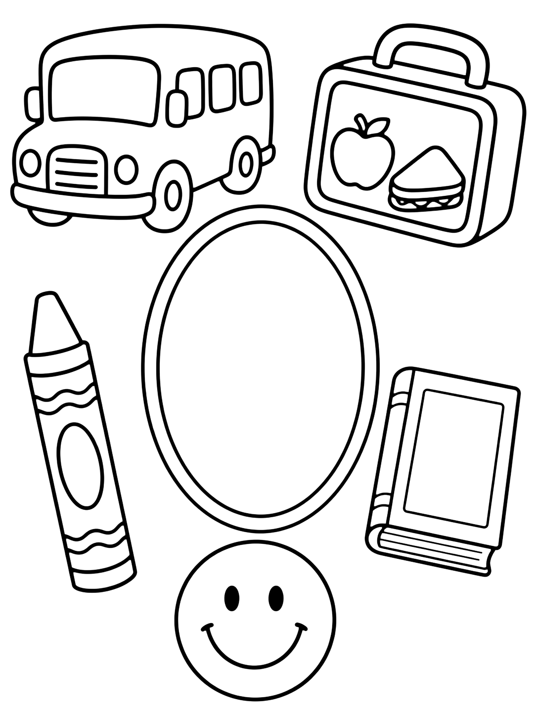 Dibujo de todo sobre mí con un marco ovalado vacío con doodles grandes del día escolar: autobús, lonchera, crayón, libro y cara sonriente. Ideal para niños, primer día de clase, impresión y coloreado online.