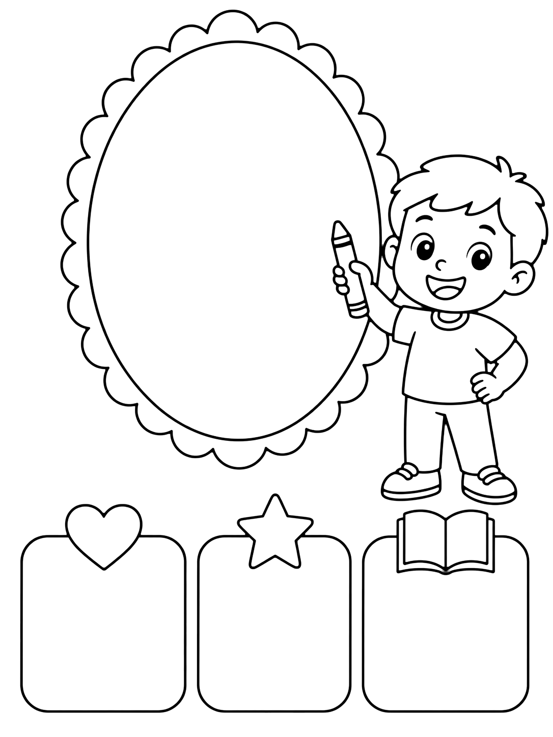 Coloriage tout sur moi avec un grand cadre vide pour autoportrait, un enfant souriant avec un crayon et trois grandes cartes avec cœur, étoile et livre. Idéal pour enfants, rentrée scolaire, impression et coloriage en ligne.