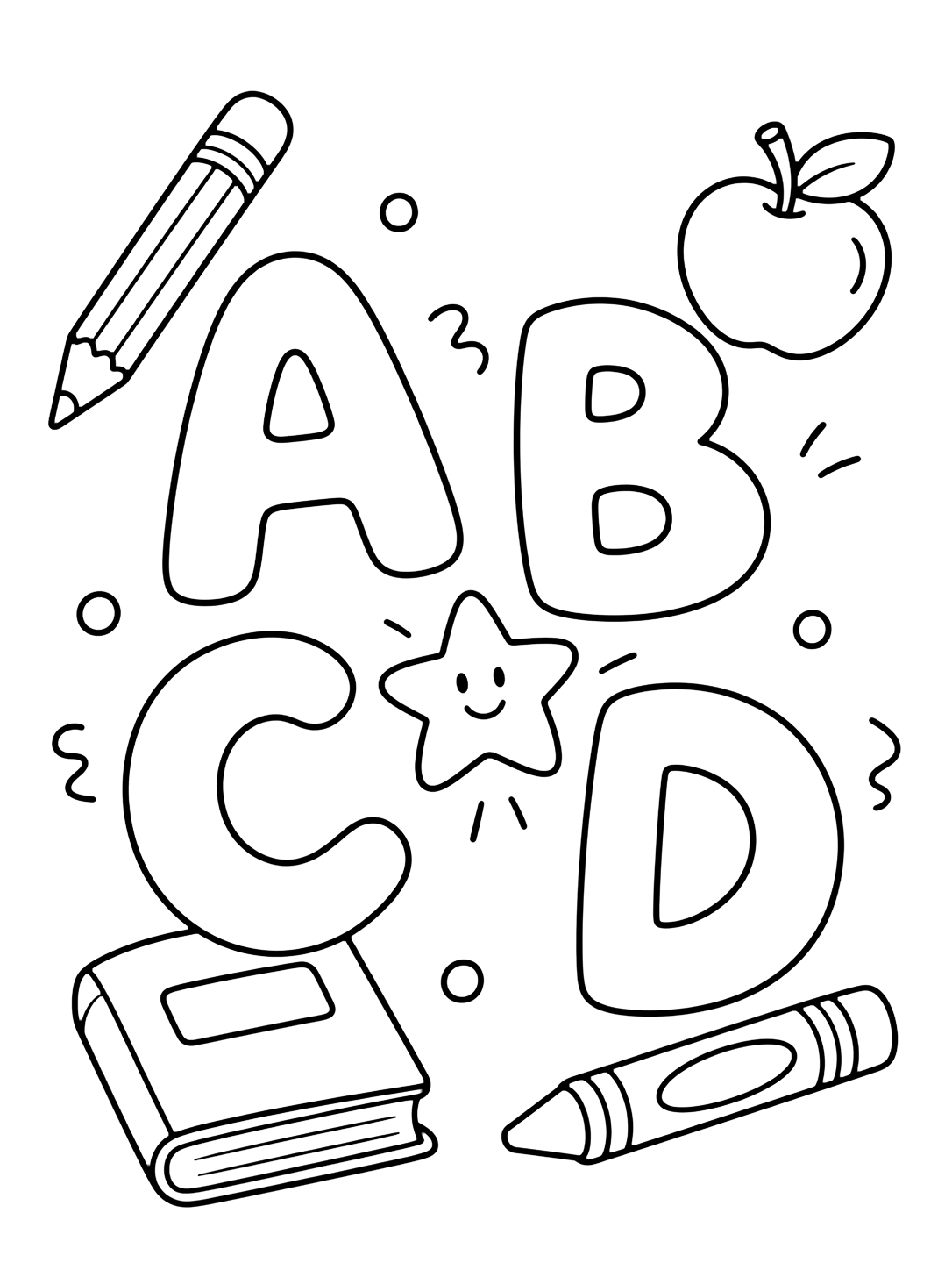 alphabet doodle icons coloring page with a playful doodle-style cluster with large letters A, B, C, and D plus a pencil, apple, book, star, and crayon for kids