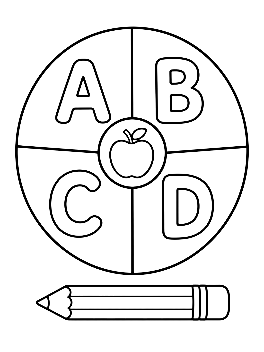 alphabet letter wheel coloring page with a simple round learning wheel divided into four large slices with the letters A, B, C, and D, an apple in the center, and one pencil below for kids