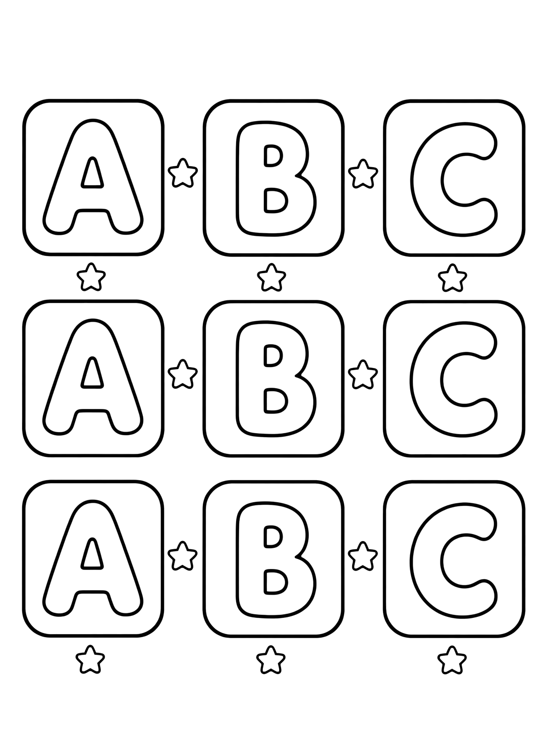 Coloriage avec un motif répété facile avec de grandes tuiles arrondies alternant A, B et C dans une grille simple avec étoiles. Idéal pour enfants, alphabet, impression et coloriage en ligne.