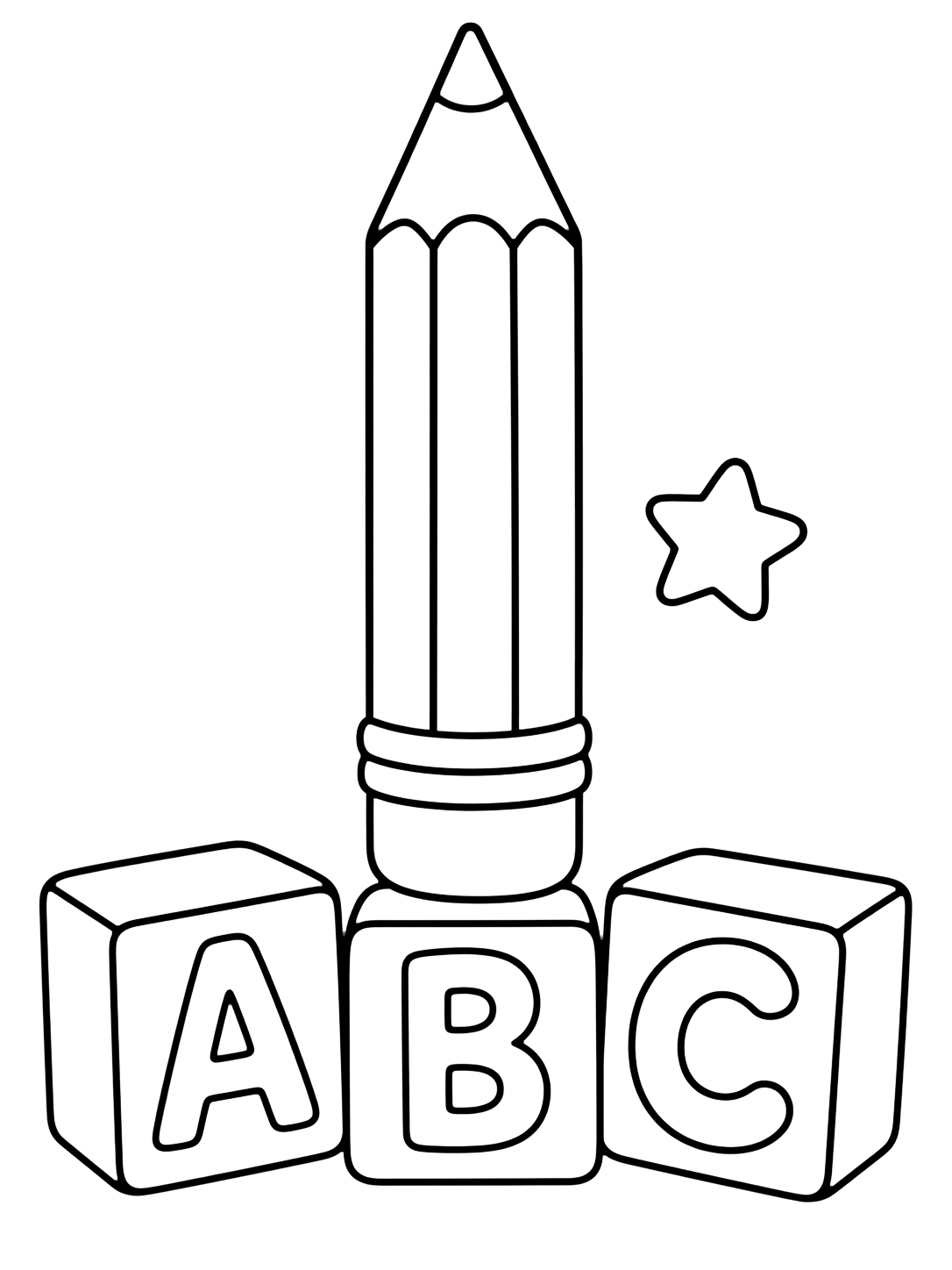 Dibujo para colorear con un gran lápiz simpático de pie, con tres bloques del abecedario en la base mostrando A, B y C, y una pequeña estrella. Ideal para niños, práctica del abecedario, impresión y coloreado online.