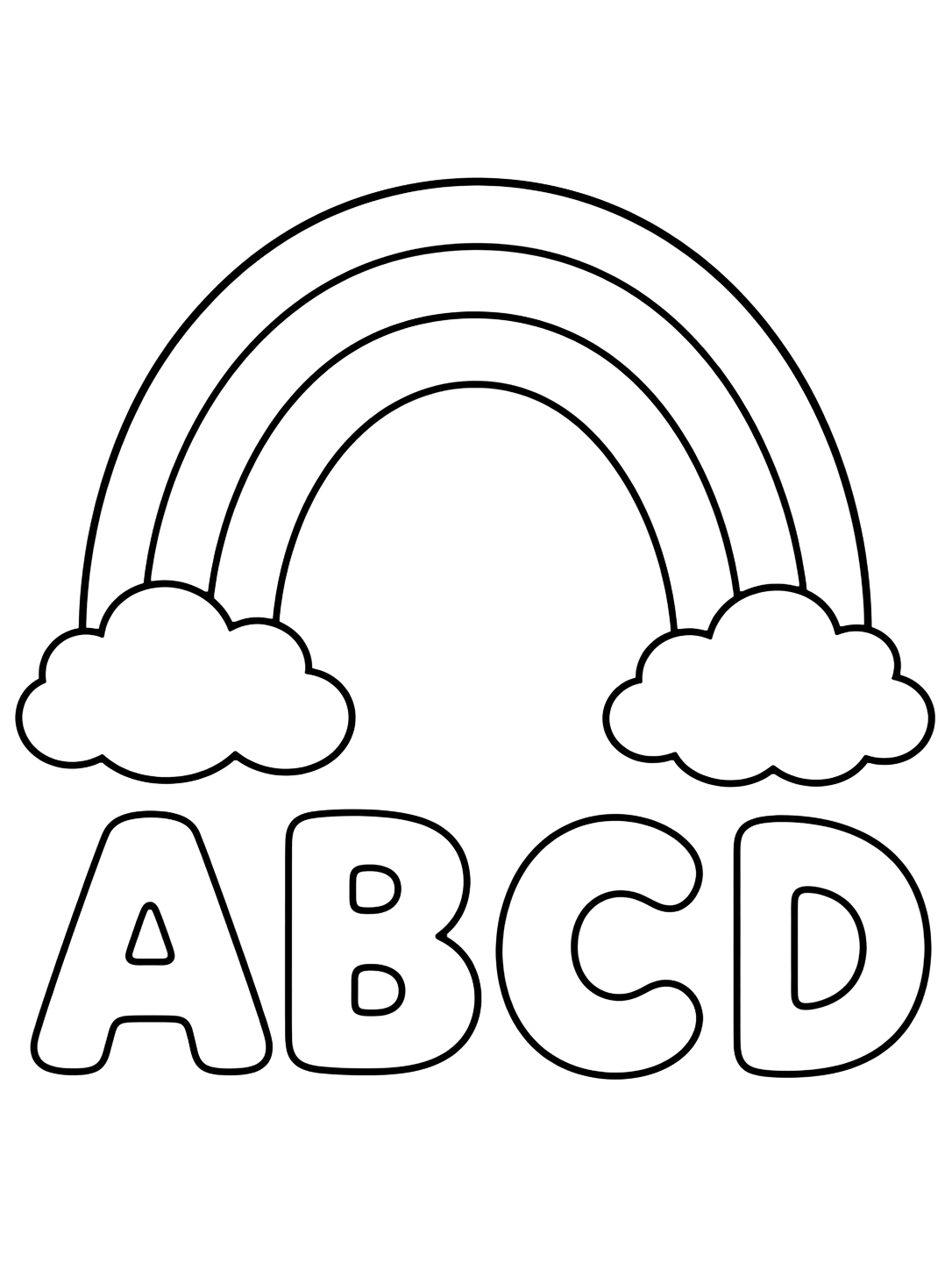Dibujo para colorear con un arcoíris sencillo de cuatro franjas anchas con grandes letras A, B, C y D debajo y dos nubes simples. Ideal para niños, práctica del abecedario, impresión y coloreado online.