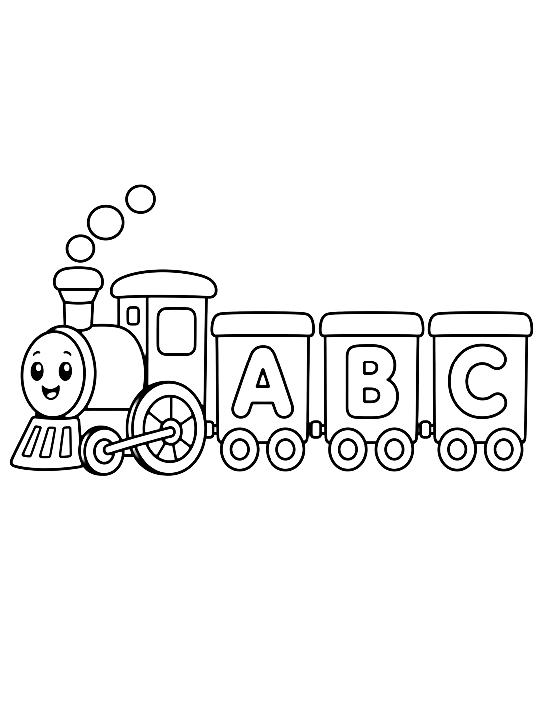 alphabet train coloring page with a cute toy train with an engine and three large cars showing the letters A, B, and C, plus simple round smoke puffs for kids