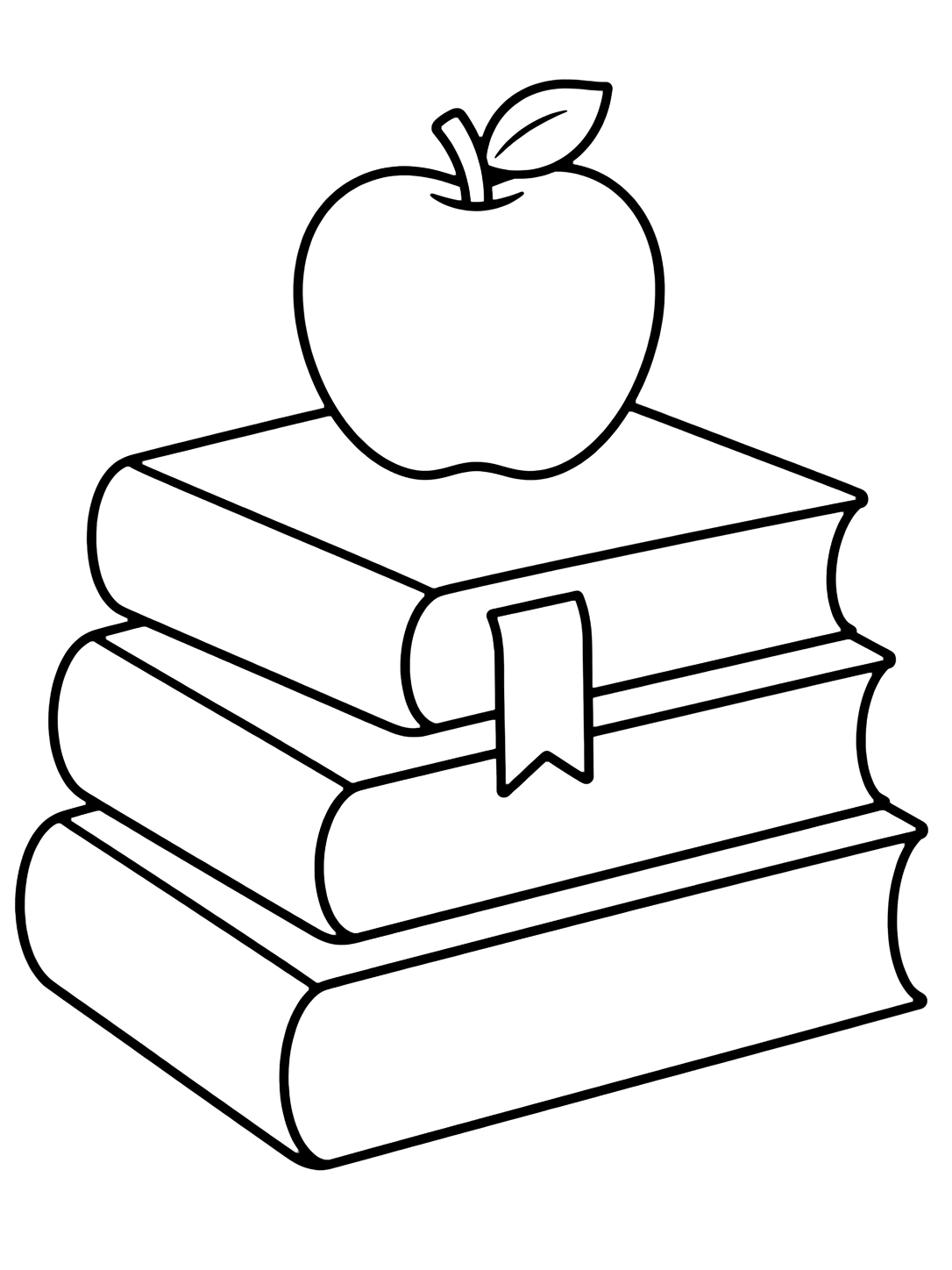 Dibujo para colorear con el motivo «pila de libros escolares con manzana» con libros escolares grandes, cubiertas en blanco y detalles escolares sencillos. Ideal para niños, actividades escolares, impresión y coloreado online.