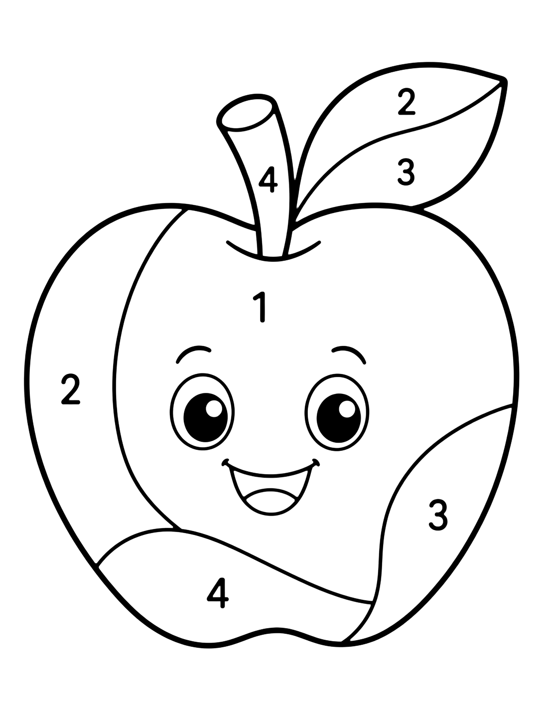 Coloriage avec une grande pomme d'école avec une feuille, divisée en grandes zones numérotées de 1 à 4. Idéal pour enfants, rentrée scolaire, impression et coloriage en ligne.
