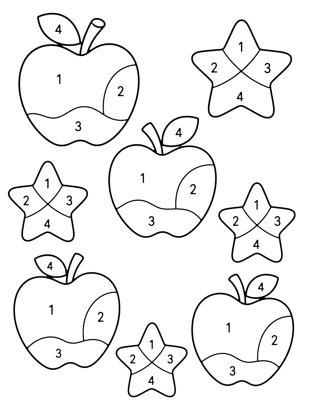 Coloriage avec un motif spacieux de grandes pommes et étoiles, chacune avec de simples zones numérotées de 1 à 4. Idéal pour enfants, rentrée scolaire, impression et coloriage en ligne.