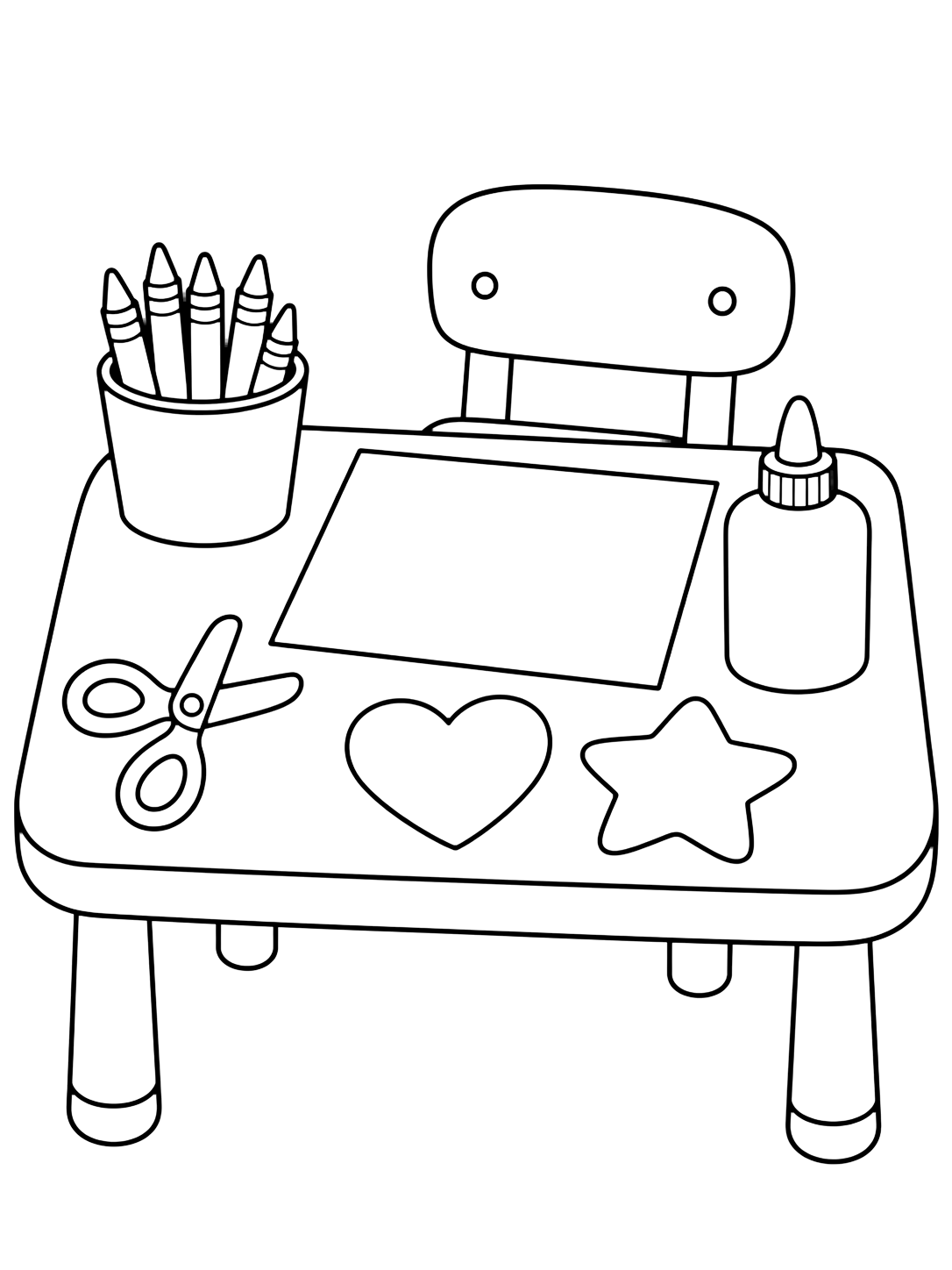 Coloriage avec une table d'arts plastiques avec feuille vide, pot de crayons, ciseaux pour enfants, colle et deux formes en papier. Idéal pour enfants, rentrée scolaire, impression et coloriage en ligne.