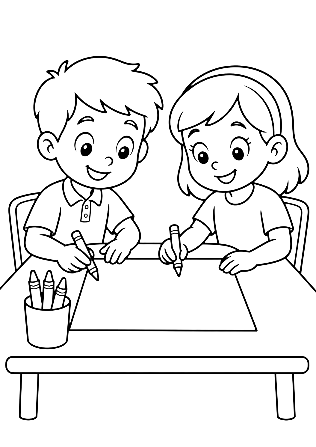 Disegno con amici a scuola e due amici di scuola che disegnano su un foglio vuoto a un tavolo d'arte con un bicchierino di pastelli. Adatto a bambini, stampa, download e colorazione online.