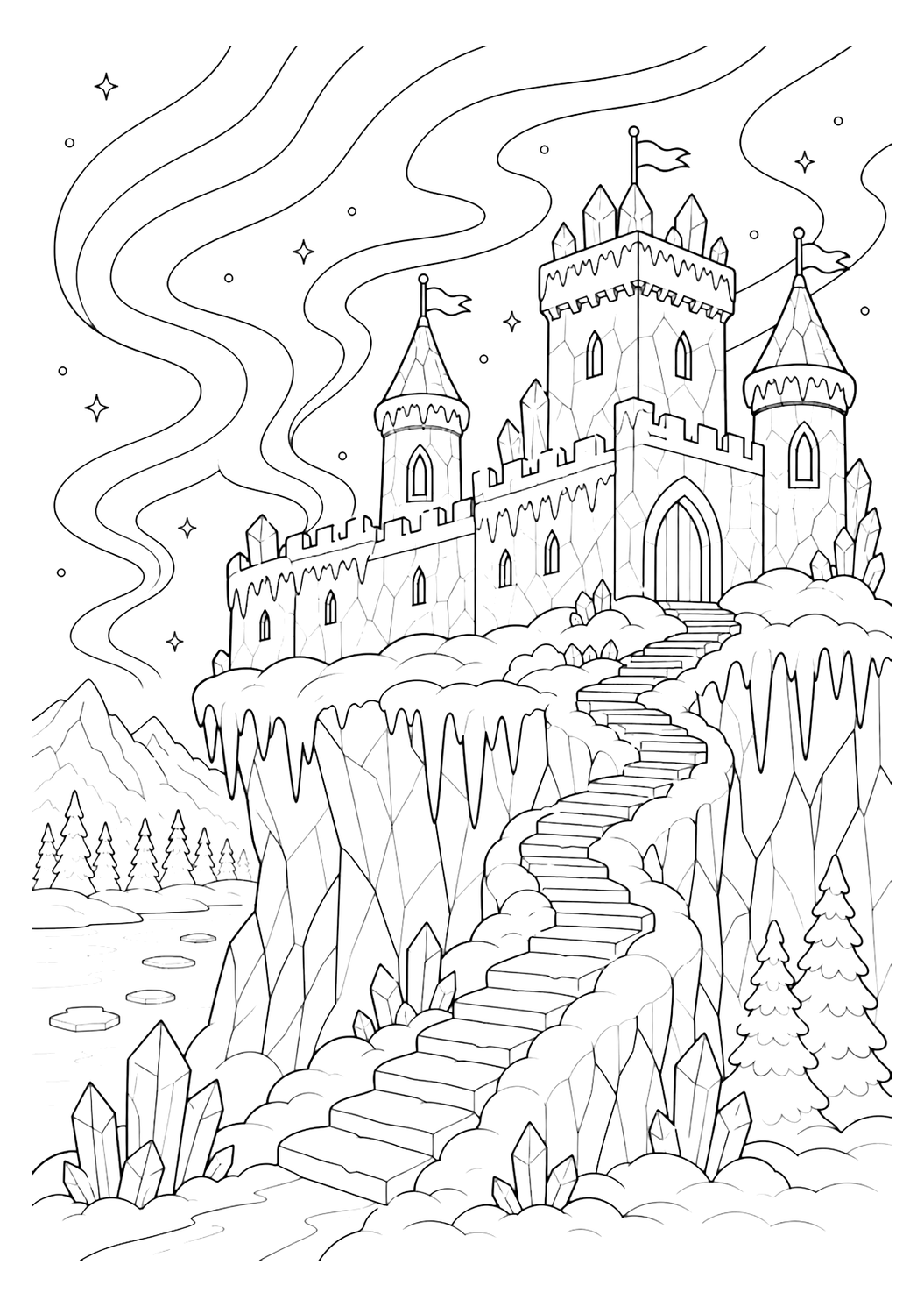 aurora cliff ice castle coloring page with clean ice castle line art for kids