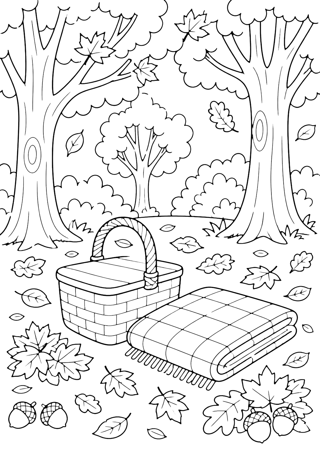 Dibujo para colorear de bosque otoñal con una cesta de picnic sencilla y una manta doblada sobre el suelo del bosque otoñal, con bellotas, montones de hojas, árboles altos, arbustos redondeados y un sendero curvo detrás. Ideal para niños, temas de naturaleza, impresión y coloreado online.