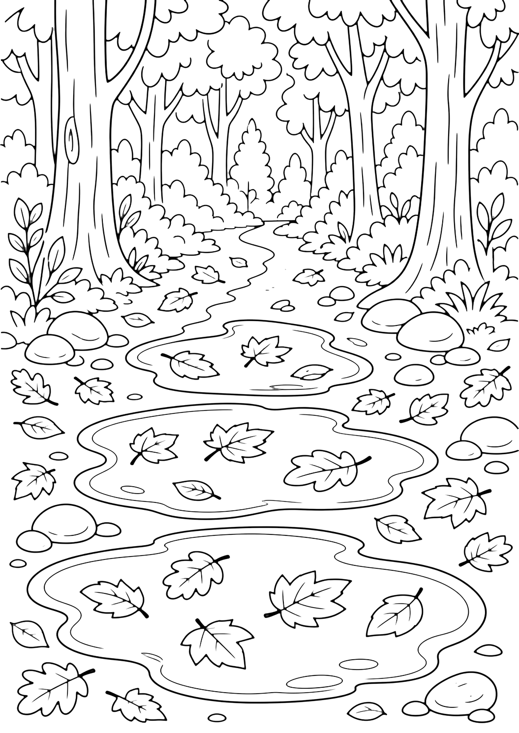 Coloriage de forêt d'automne avec trois grandes flaques de pluie sur un sentier de forêt d'automne, avec des feuilles flottantes, des pierres lisses, de hauts troncs, des buissons bas, des feuilles dispersées et des espaces ouverts. Idéal pour enfants, nature, impression et coloriage en ligne.