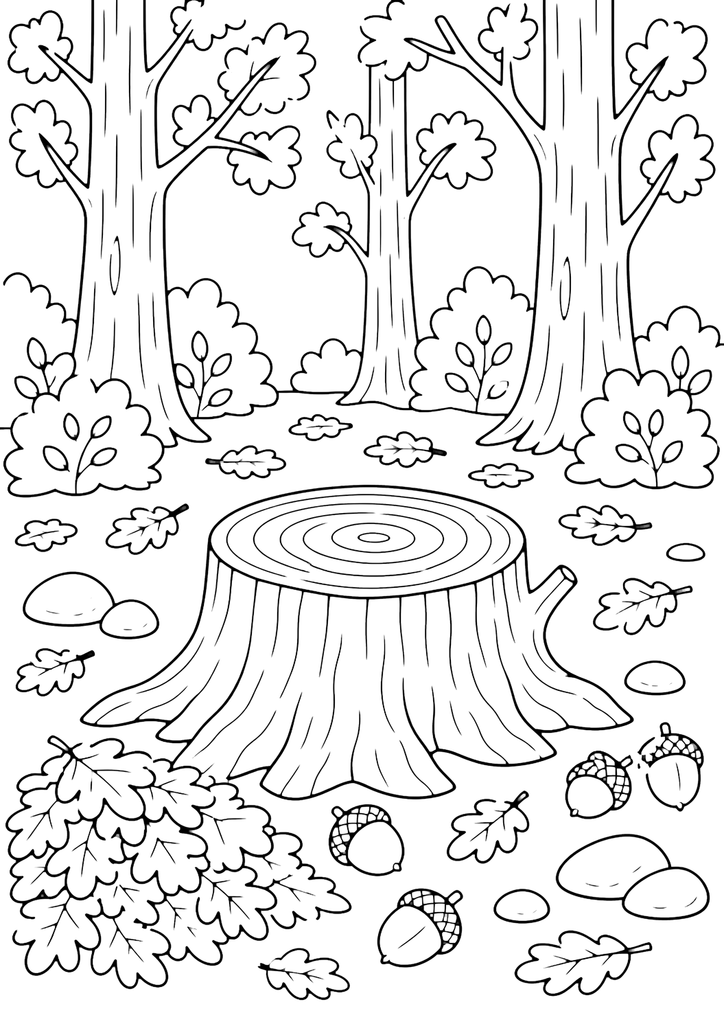 autumn forest stump coloring page with one large tree stump with clear growth rings on the forest floor, surrounded by acorns, fallen maple leaves, smooth stones, low bushes, and tall autumn trees for kids