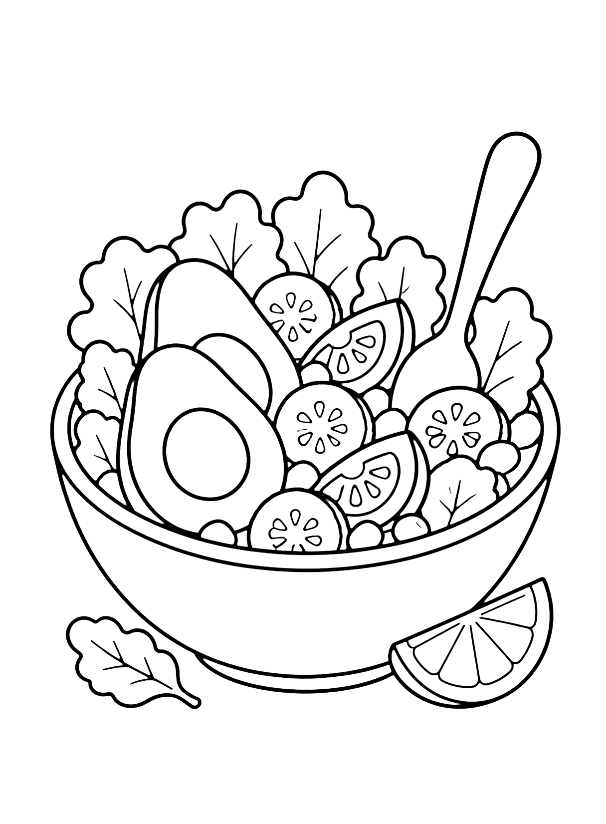 Página de ensalada para colorear con un cuenco de ensalada de aguacate con mitades de aguacate, hojas de lechuga, rodajas de pepino, trozos de tomate, granos de maíz, cuchara y gajo de lima. Ideal para niños, imprimir y colorear online.