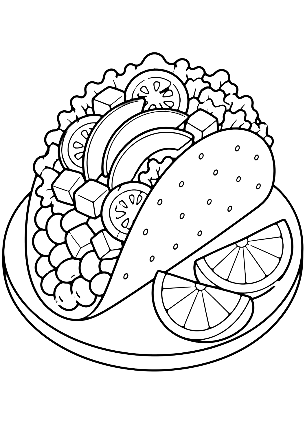avocado taco coloring page with simple taco line art for kids