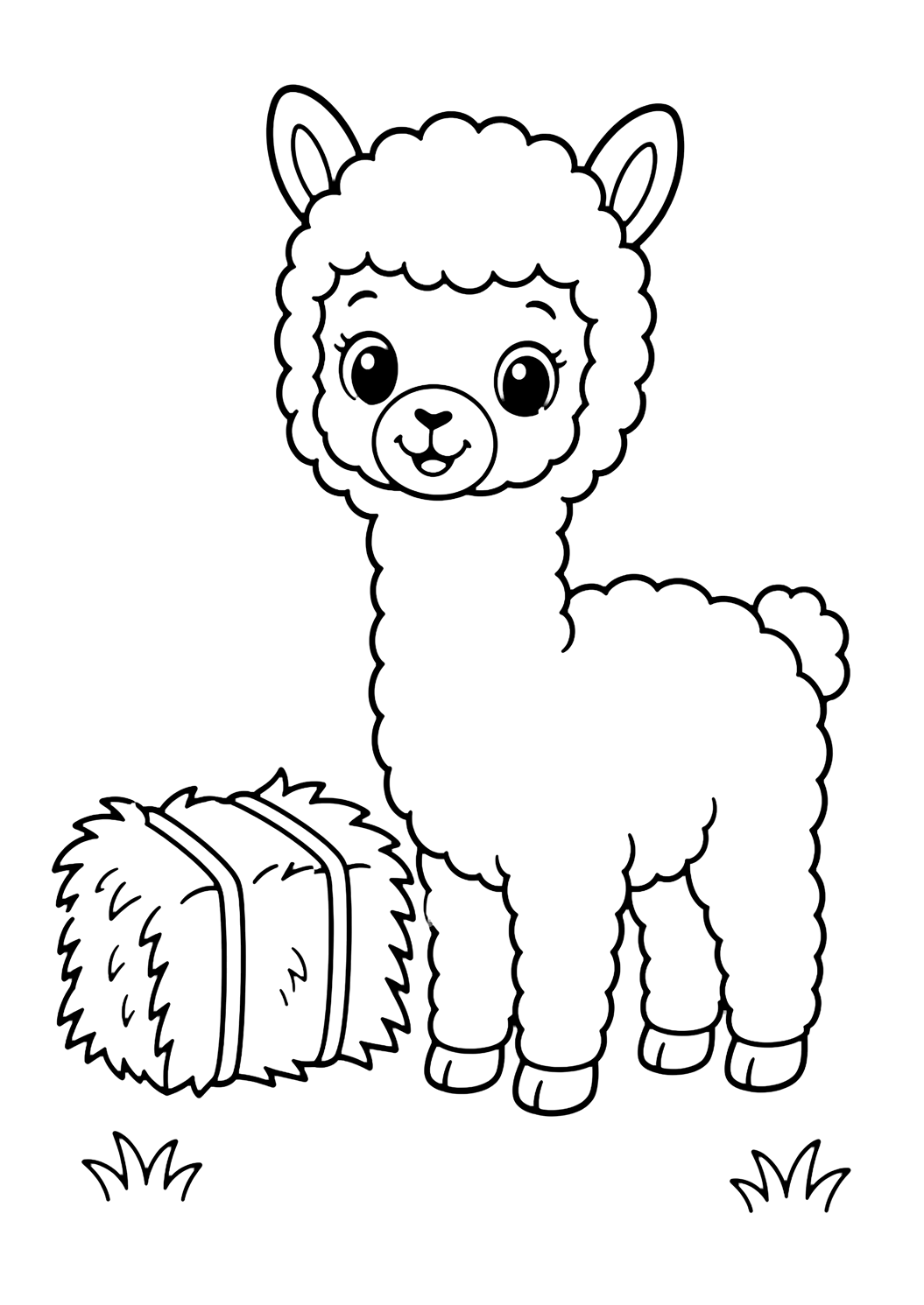 a baby alpaca cria with hay coloring page with simple line art for kids