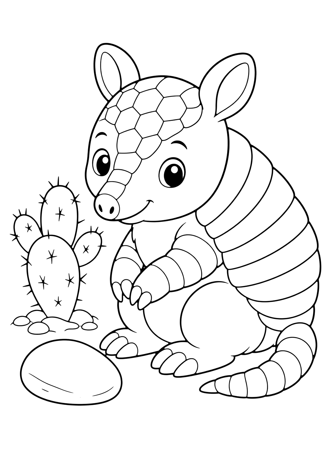 a baby armadillo pup with a cactus coloring page with simple line art for kids