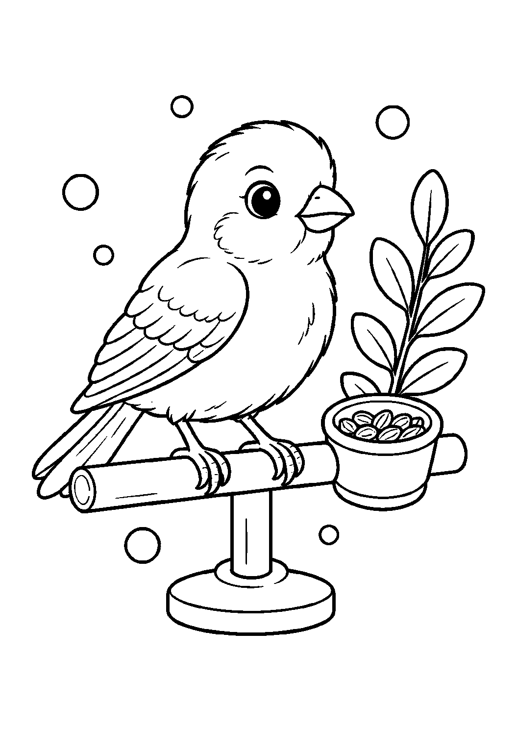 Página de mascota bebé para colorear con un canario bebé sobre una percha sencilla, con alas pequeñas, pico ordenado, vaso de semillas, ramita con hojas y algunas burbujas redondas decorativas. Ideal para niños, imprimir y colorear online.