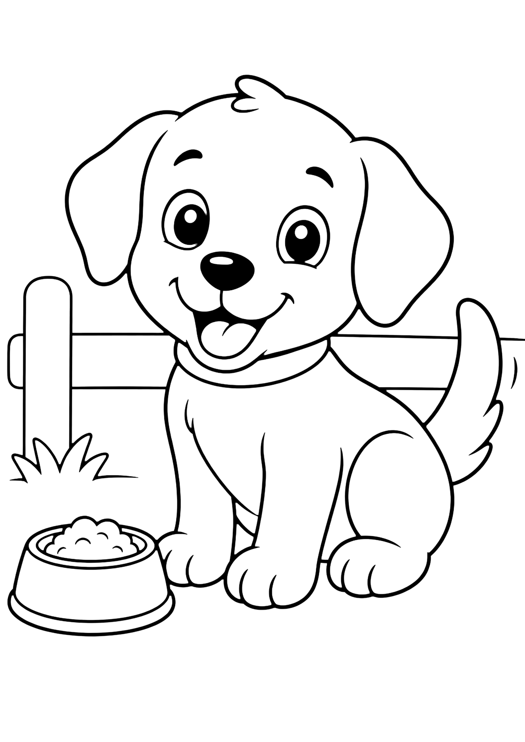 a baby farm puppy with a feed bowl coloring page with simple line art for kids