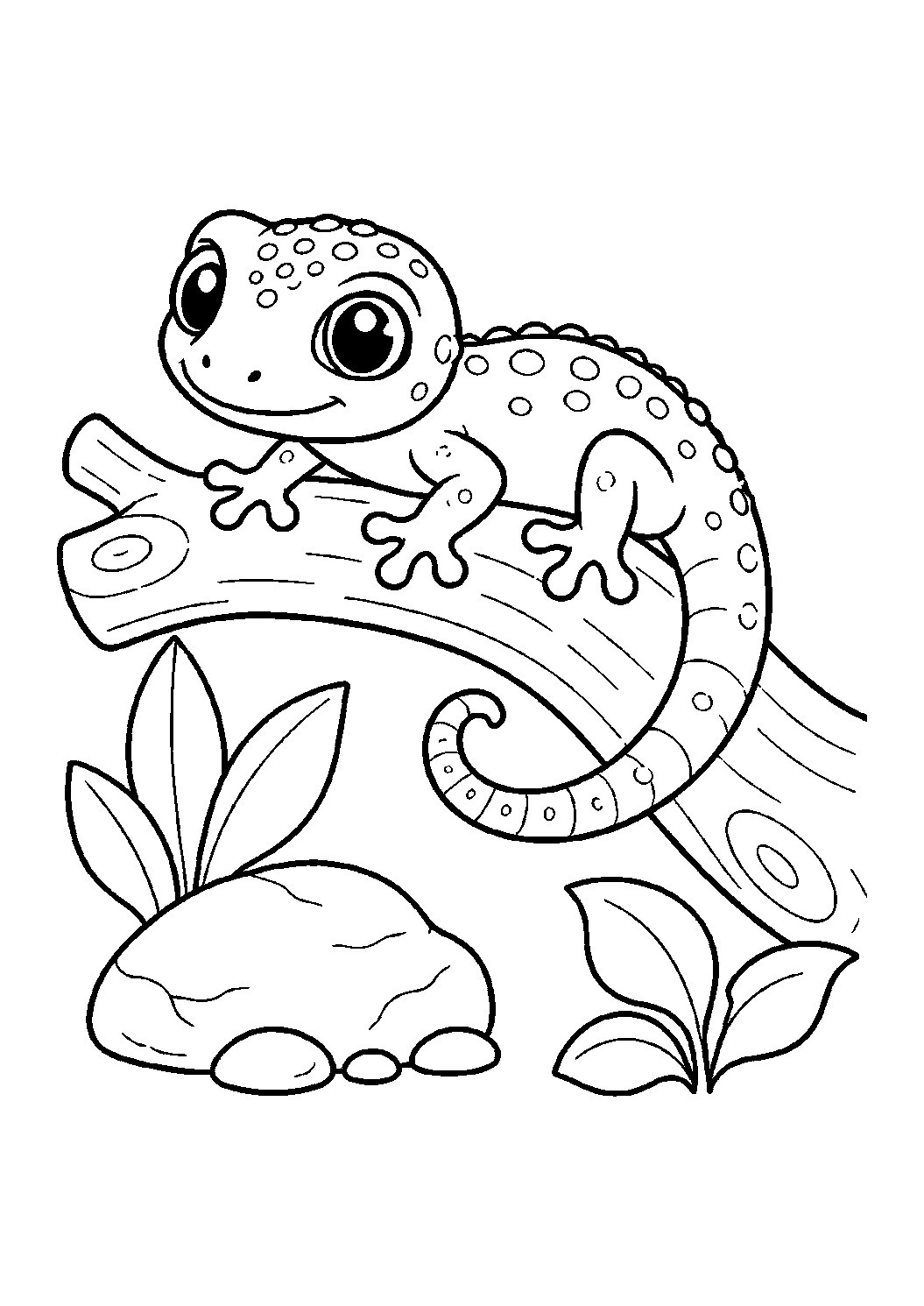 Coloriage de bébé animal de compagnie avec un bébé gecko avec coussinets arrondis aux doigts posé sur une branche courbée, avec grands yeux, queue enroulée, petit rocher de terrarium et deux feuilles simples. Idéal pour enfants, impression et coloriage en ligne.