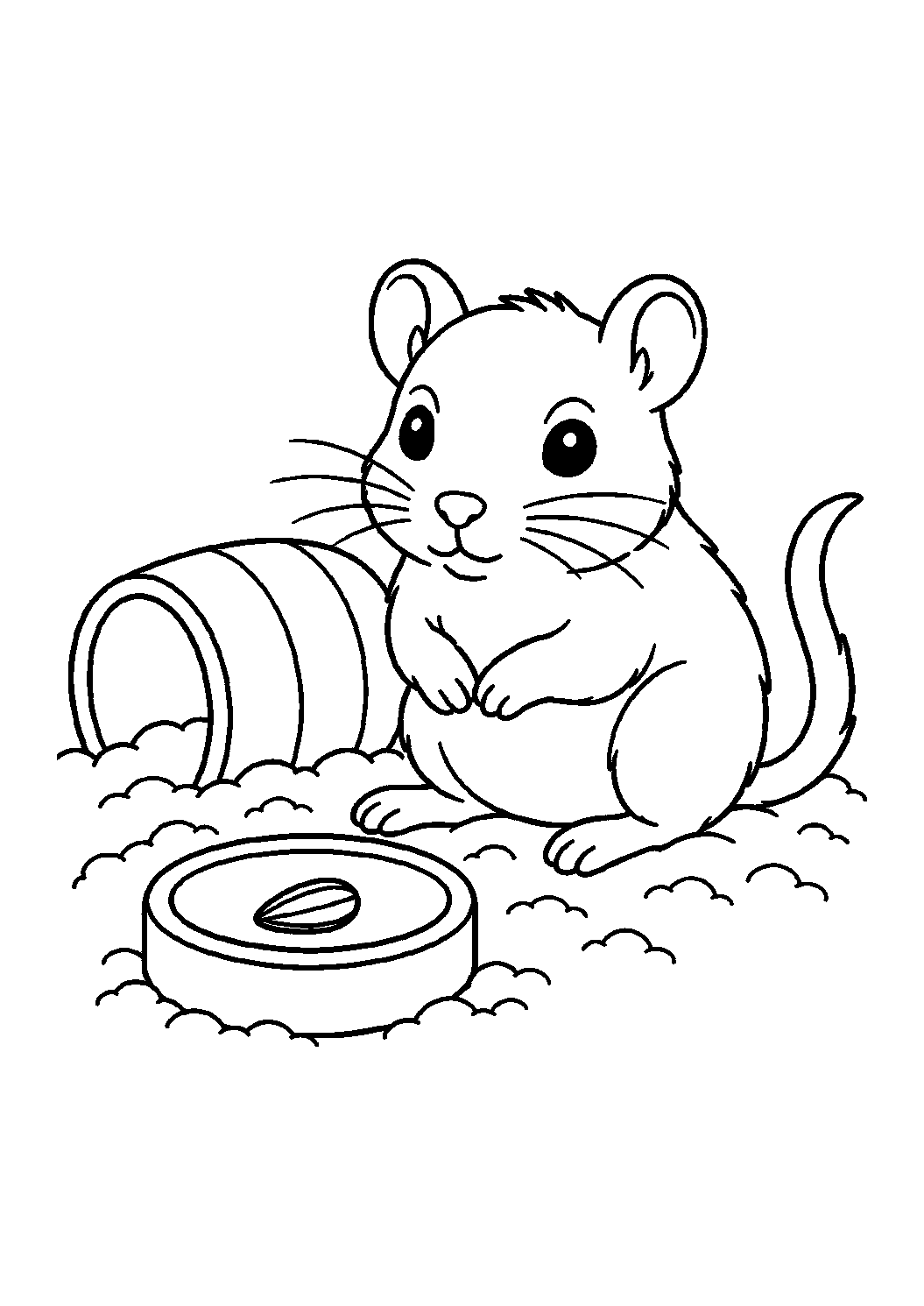 Disegno di cucciolo domestico da colorare con un cucciolo di gerbillo accanto a una ciotolina con un seme di girasole, un semplice tunnel, ciuffi di lettiera, orecchie tonde, baffi e coda curva. Adatto a bambini, stampa e colorazione online.