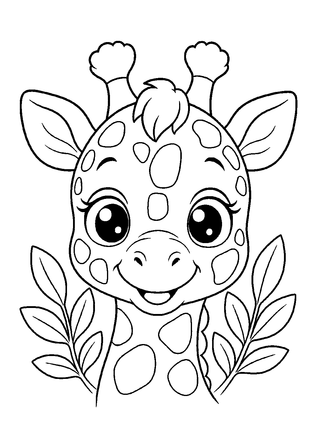 baby giraffe calf face coloring page with simple baby animal face line art for kids