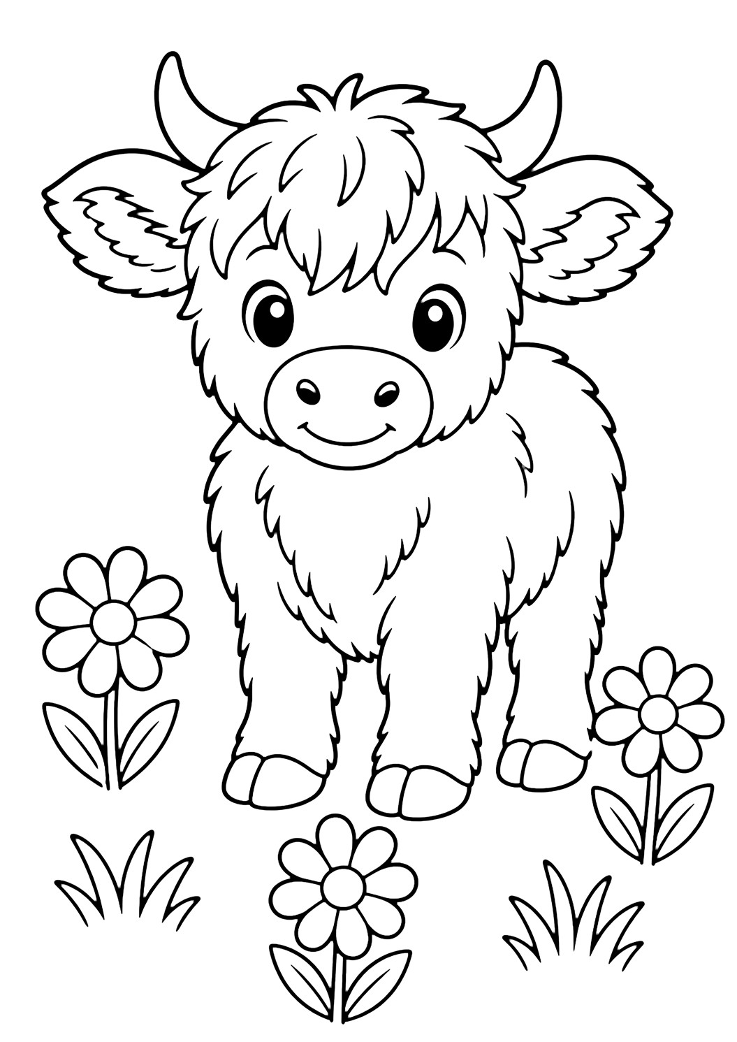 a baby Highland calf with daisies coloring page with simple line art for kids