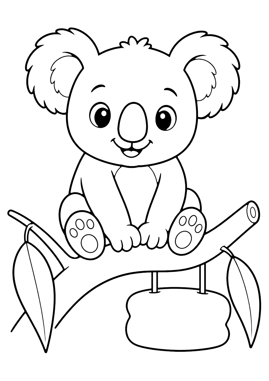 a baby zoo koala joey with eucalyptus coloring page with simple line art for kids