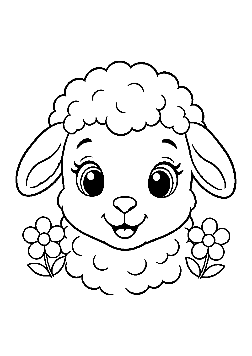 Ausmalbild mit Tierbaby-Gesicht: ein Lämmchen-Gesicht aus der Nähe mit lockiger Wolle, Schlappohren, großen sanften Augen, winziger Nase und zwei kleinen Wiesenblumen. Geeignet für Kinder, Ausdrucke und Online-Ausmalen.