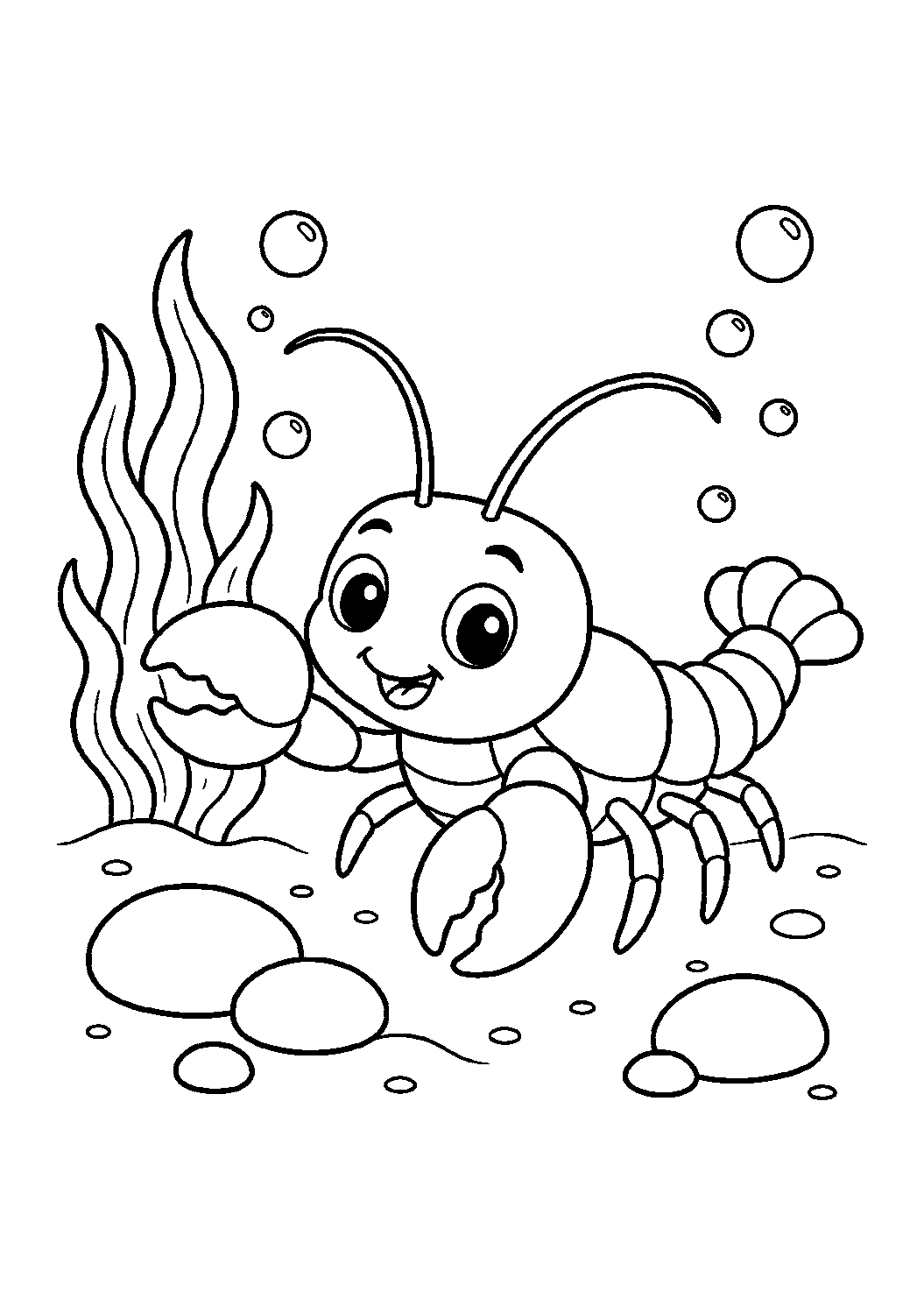 Página de animal bebé del océano para colorear con una langosta bebé con pinzas pequeñas y redondeadas caminando junto a algas, piedras lisas y burbujas en el fondo del océano. Ideal para niños, imprimir y colorear online.
