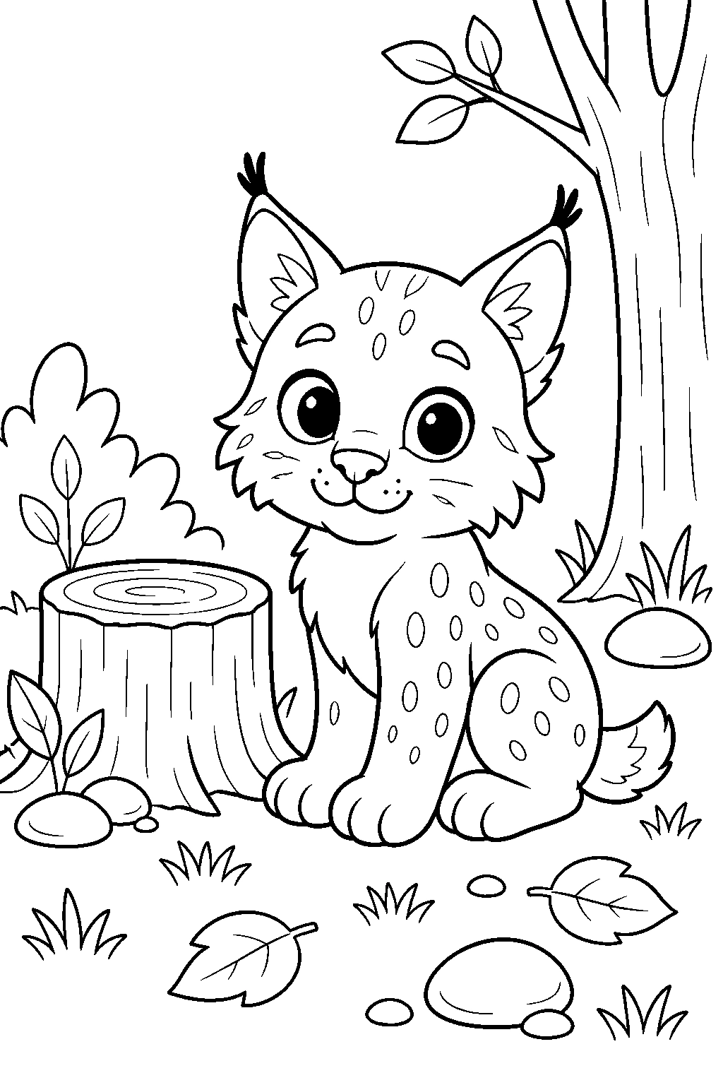 Coloriage bébé lynx près d'une souche