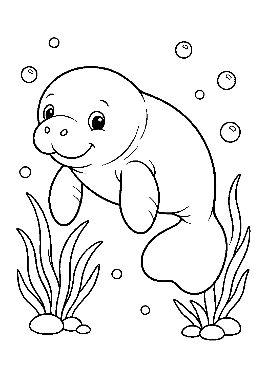 Ausmalbild mit einem Meeresbaby: ein Manati-Baby, das neben einfachem Seegras schwimmt, mit weichen Blasen, rundem Schwanz, kleinen Flossen und ruhigem lächelndem Gesicht. Geeignet für Kinder, Ausdrucke und Online-Ausmalen.