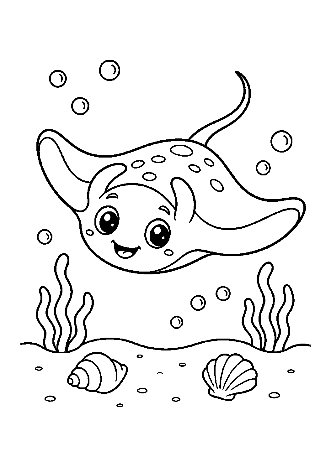 baby manta ray with bubbles coloring page with simple baby ocean animal line art for kids