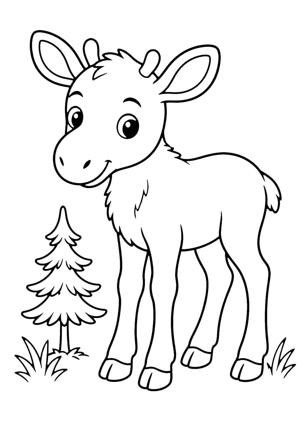a baby moose calf by a pine coloring page with simple line art for kids