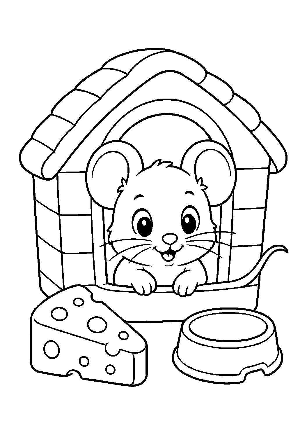 Coloriage de bébé animal de compagnie avec un bébé souris de compagnie qui sort d'une petite maison jouet ouverte, avec jouet à mâcher en forme de fromage, bol de nourriture, oreilles rondes, petites pattes, moustaches et fine queue. Idéal pour enfants, impression et coloriage en ligne.