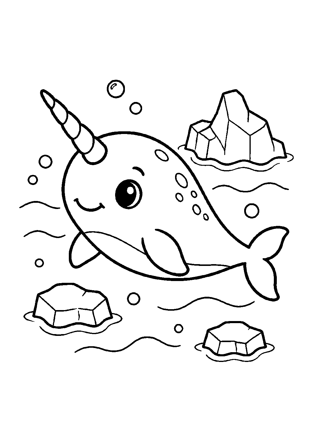 Disegno di cucciolo dell'oceano da colorare con un piccolo narvalo con una minuscola zanna a spirale che nuota accanto a onde leggere, bolle e semplici forme di ghiaccio. Adatto a bambini, stampa e colorazione online.