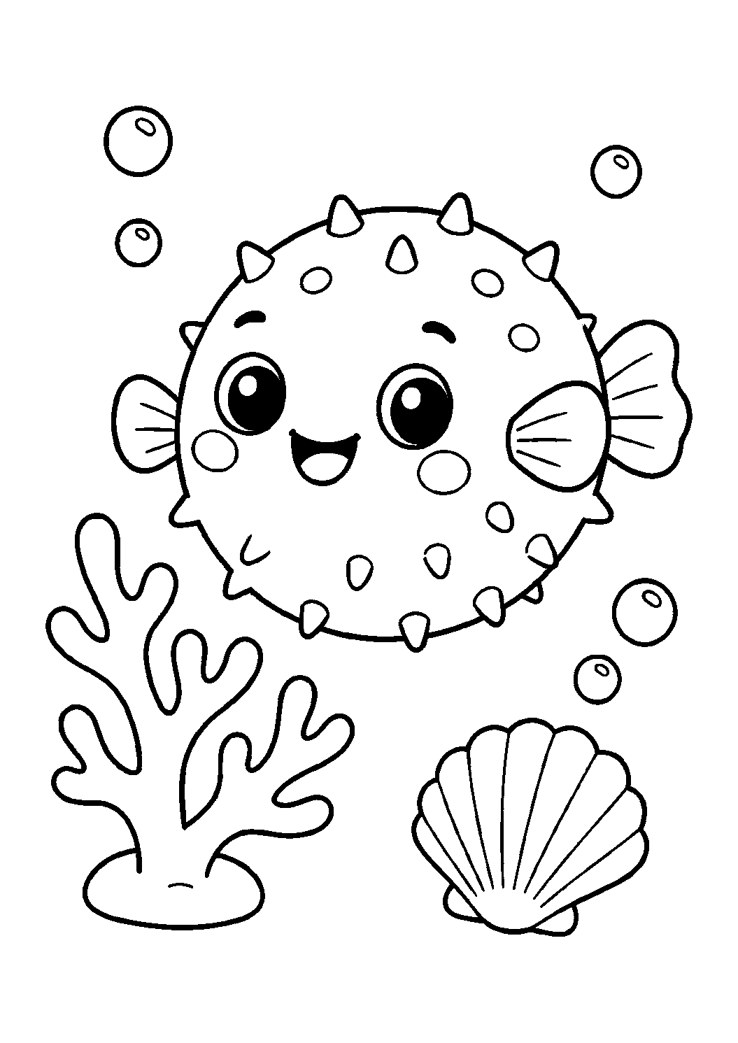 Coloriage de bébé animal de l'océan avec un bébé poisson-globe tout rond avec de petites nageoires, près d'une branche de corail, de bulles douces et d'une coquille Saint-Jacques. Idéal pour enfants, impression et coloriage en ligne.